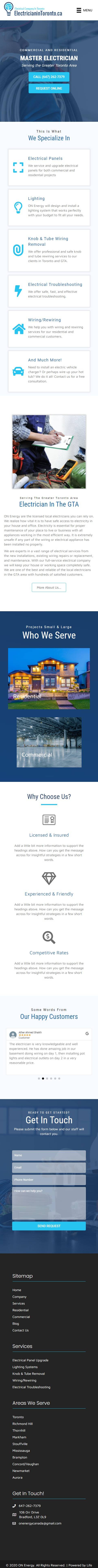 mobile version of web design project for Electrician serving Toronto Ontario