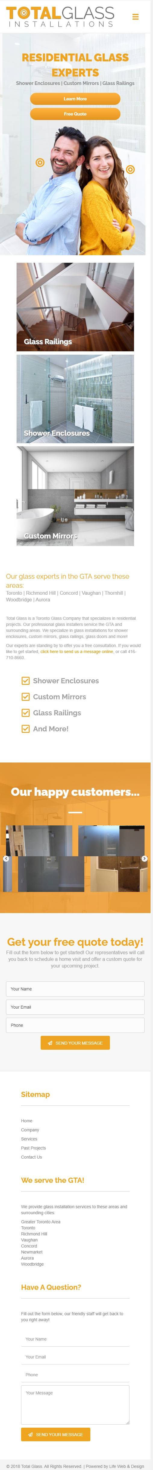 mobile version of web design project for glass installation company in Toronto